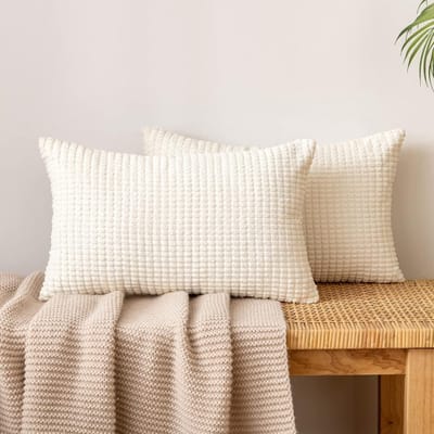 Famanu - Ribfluwelen kussenhoezen 30x50 cm beige set 2, granulaat textuur zacht, decoratieve bankkussens voor woonkamer