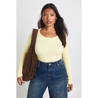 boohoo Dames Plus Basic Geribde Scoopneck Longline Lange Mouwen Getailleerde Top | Citroen | Maat: 44