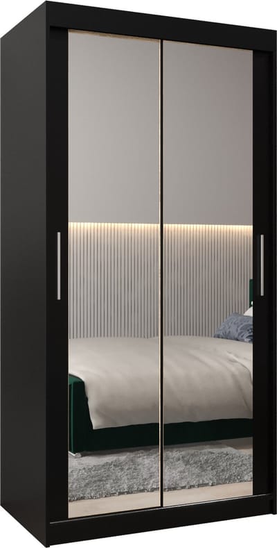 InspireMe - Kledingkast met 2 schuifdeuren, Modern-stijl, Kledingkast met planken (BxHxD): 100x200x62 - TORM III 100 Zwart Mat