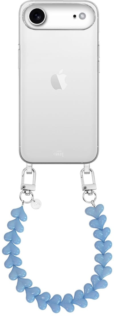 xoxo Wildhearts siliconen hoesje - Geschikt voor iPhone 17 Air hoesje - Funky Hearts - Telefoonhoesje - Hoesje met koord - Lichtblauw koord - kort telefoonkoord - Hartjes ketting - Transparant hoesje