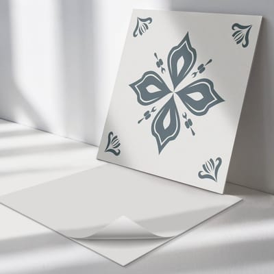 Wallfluent Vinyl Tegels - Bloemmotief in Het Kruis Zelfklevende Vinyl Tegels - 30 cm x 30 cm - Grijs Vinyl Tegels - 9 stuks - Vierkant PVC Tegels - Texturen Plaktegels - Vinyl Wandtegels - Plaktegels Keuken en Badkamer
