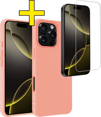 Hoesje - Met Screenprotector - Geschikt voor Apple iPhone 16 Pro - Sterk & Shockproof - Back Cover - Siliconen Case - Telefoon Hoes - Telefoonhoesjes - Perzik