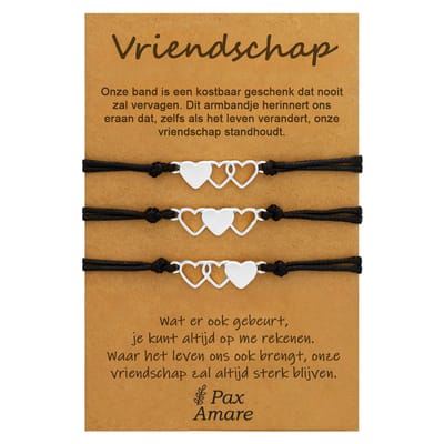 Vriendschapsarmbandjes voor 3 "Vriendschap" - Hartjes - BFF Armbandjes met Cadeau Kaartje - Zilverkleurig - Elastisch Verstelbaar - Pax Amare
