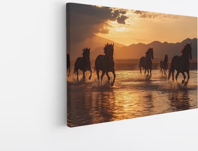 Saammp Canvas Schilderij - Groep paarden tijdens golden hour - Dieren - Natuur - 45x30 - Foto op canvas - Wanddecoratie - muurdecoratie Woonkamer - Slaapkamer decoratie - Canvas Print