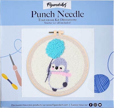 Figured'Art Punch Needle Kit voor Volwassenen en Kinderen - PinguÃ¯n met een Paardebloem - Perfect voor Beginners. Compleet klaar-om-te-borduren set, maat 20x20 cm met ronde frame