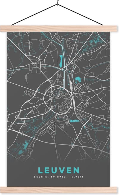 Posterhanger incl. Poster 40x60 cm - Schoolplaat - Plattegrond – Leuven – Blauw – Stadskaart - Kaart - België - Textielposter - Blanke latten - Stadskaart