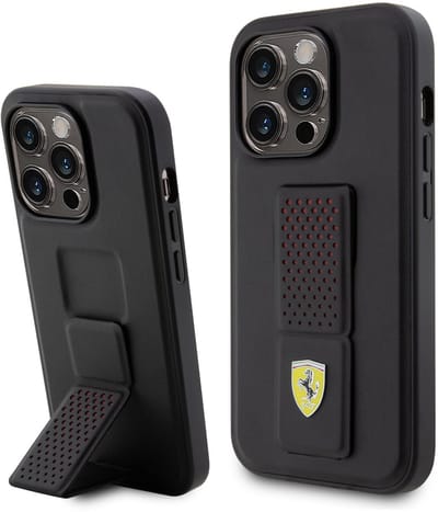 Ferrari Back Cover - iPhone 15 Pro - Zwart - Inclusief uitklapstandaard - Antisliptextuur