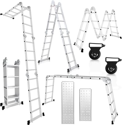Multifunctionele Ladder - Klapladder Werkplatform - Veelzijdig Klussen - Aluminium Met Wielen - 470 cm - Zilver