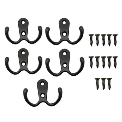 Zwarte metalen kapstok haak dames en heren dubbele wandhaak set van 5 jashaken voor handdoeken sleutels jassen en hoeden inclusief schroeven utility muur haken voor hal badkamer en garderobe
