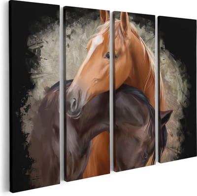 Artaza Canvas Schilderij Vierluik Twee Getekende Knuffelende Paarden - Abstract - 80x60 - Foto Op Canvas - Canvas Print