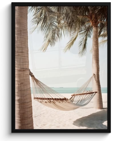 Poster in lijst - Fotolijst 60x80 cm - Posters - Hangmat - Palmbomen - Strand - Zee - Posterlijst zwart - Decoratie - Wanddecoratie woonkamer - Muurdecoratie slaapkamer