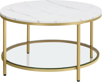 Ronde salontafel - Woonkamertafel bijzettafel - Woonkamer opfleuren - Gehard glazen plank - 80 cm diameter - Marmer wit goud