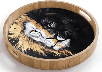 Dienblad rond 40x40 cm - Schootdienblad hout - Leeuw - Gesplitst - Zwart - Lijn - Borrelplank rechthoek - Plateau houten dienbladen