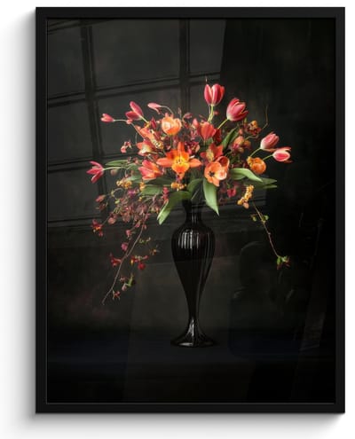 Poster in lijst - Fotolijst 50x70 cm - Posters - Sierlijk - Boeket - Vaas - Posterlijst zwart - Decoratie - Wanddecoratie woonkamer - Muurdecoratie slaapkamer
