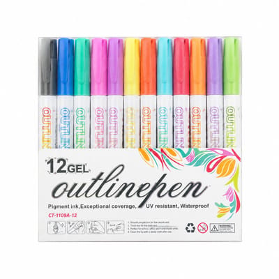 Contourmarkers met dubbele lijn - 12 kleuren met witte houder - Glittereffect - Voor schoolkranten en markeringen - Basisverpakking