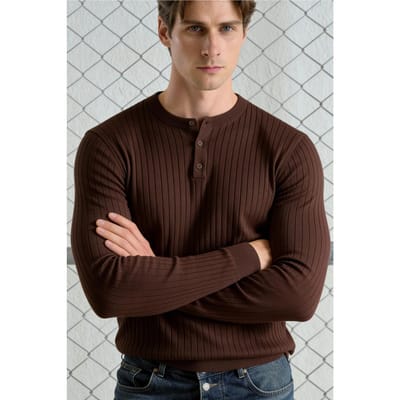 Slim Fit Lange Mouwen Knop Kraag T-Shirt