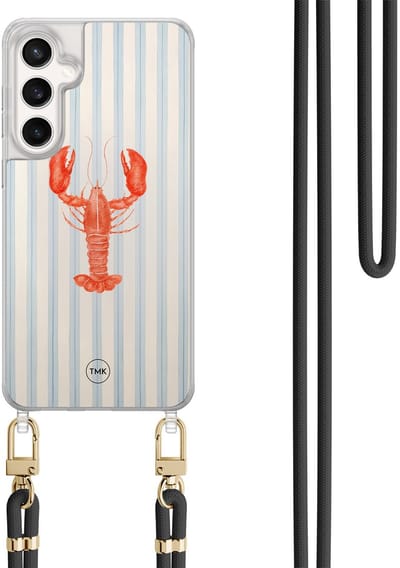 Telefoonhoesje met koord geschikt voor Samsung S24 FE - Kreeft - Inclusief Zwart koord - Transparant, Blauw - Gestreept - Crossbody beschermhoes - Met Telefoonketting