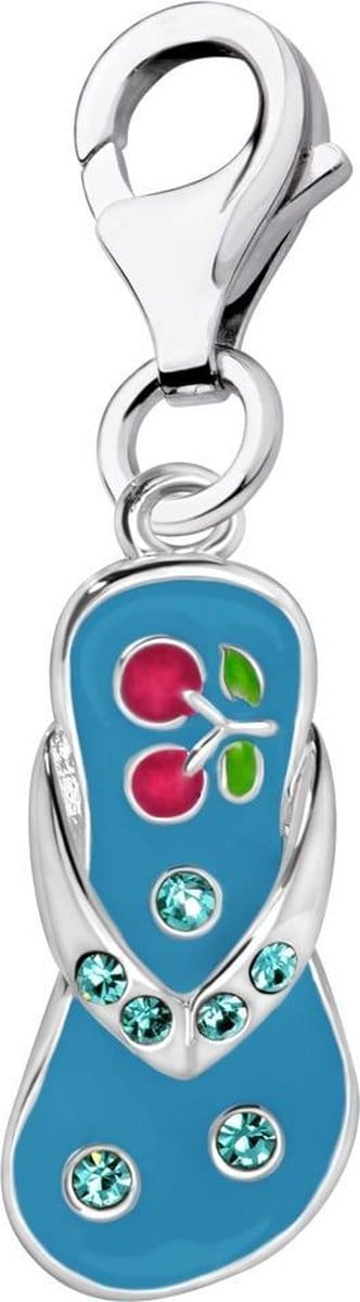 Quiges – 925 - Zilver – Charm - Bedel - Hanger - Slipper Blauw met Kers - met – sterling - zilver - karabijnslot - geschikt - voor - Bedelarmband HC215