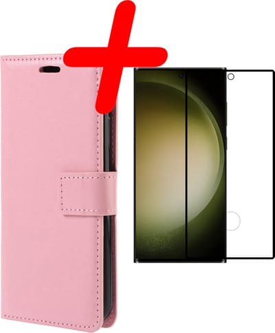 Hoesje Met Screenprotector - Geschikt voor Samsung Galaxy S23 Ultra - Luxe Pasjeshouder - Bookcase Portemonee - Flip Case - Kunstleer Book Case - Flipcase - Book Cover - Walletcase - Portemonneehoes - Lichtroze