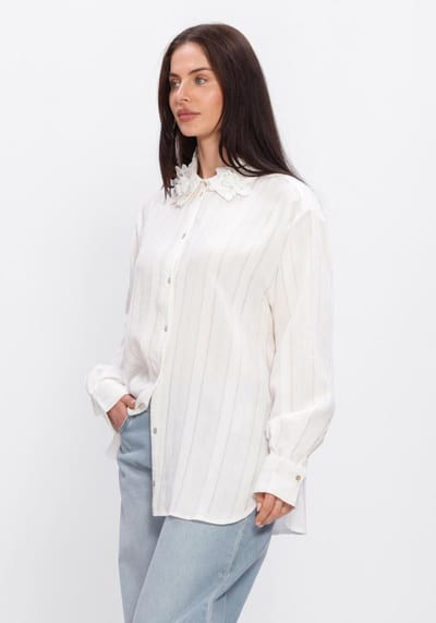 Jansen Amsterdam Rabia Blouse Slg 783 Long Sleeve Lace Flowers At Collar Dames - Jurken - Wit - Maat 34