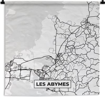 Wandkleed - Wanddoek - Kaart - Frankrijk - Stadskaart - Plattegrond - Les Abymes - Zwart wit - 180x180 cm - Wandtapijt
