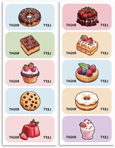Schoenstickers voor het Leren van Links en Rechts, 100 Stuks (50 Pairs) Heerlijke Desserts, Ideaal voor Kinderen en Creatieve Activiteiten