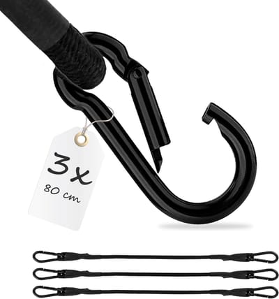 3x Spanelastiek met karabijn 80cm in Zwart Rubberen spanbanden, bagagespanband, expander, spanband voor fiets, auto, bagage, transportbeveiliging