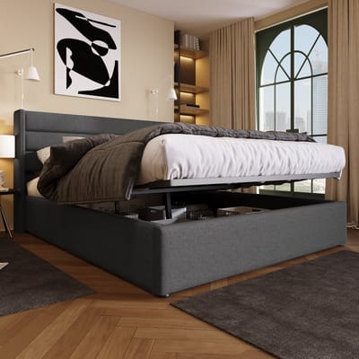 Opbergbed - Bed - Hydraulisch tweepersoonsbed - Afmetingen 140 x 200 cm - Houten bed met lamellen - Bed met metalen frame - Linnen - Grijs bed