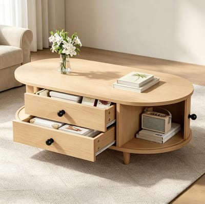 OKWISH Salontafel – Met Roldeuren En 2 Laden – Voor Woonkamer – Natuurlijke Houtlook – MDF – 100 x 50 x 36 cm