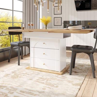 MIVRAY Eettafel - Uitschuifbaar Met Opbergruimte - Voor Keuken En Woonkamer - 110-140x80x75 cm - MDF En Metaal - Wit+Naturel