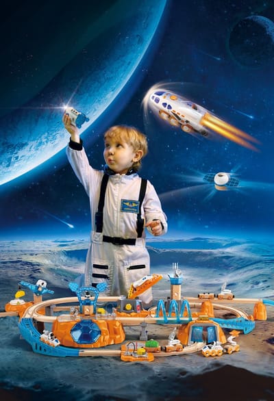 Hape Mars Launch Rail Set - Ruimtetreinset met raketlanceerder, rover en satellietvoertuig, 3+ jaar, 34 delig