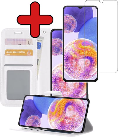 Hoesje - Met Screenprotector - Geschikt voor Samsung Galaxy A23 - Luxe Pasjeshouder - Flipcase - Bookcase Portemonee - Flip Case - Kunstleer Book Case - Book Cover - Walletcase - Portemonneehoes - Telefoonhoes - Wit