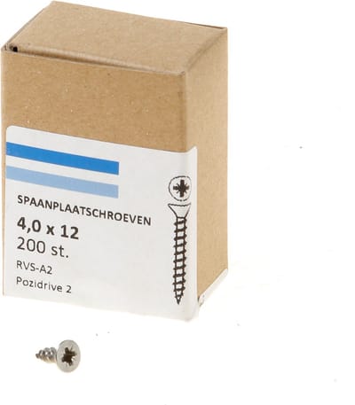 Hoenderdaal Spaanplaatschroef RVS platverzonken kop PZ2 voldraad 4.0X12 (per 200 stuks)