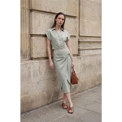 Linnenmix Cropped Blouse & Accessoire Detail Midi Rok Twee-Delige Set
