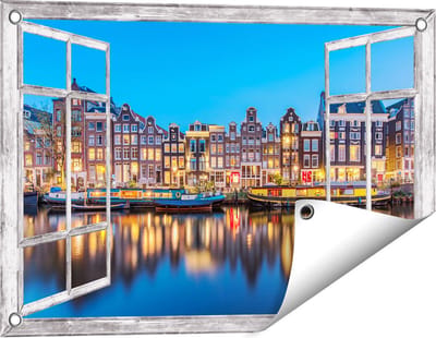 Gards Tuinposter Doorkijk Amsterdamse Huisjes in de Avond met Lichten - 60x40 cm - Tuindoek - Tuindecoratie - Wanddecoratie buiten - Tuinschilderij