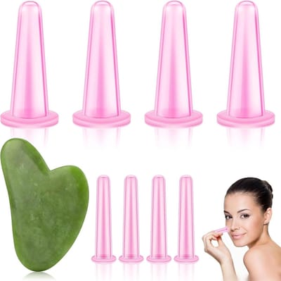 Gezichtsmassage Set met 9 Siliconen Cups en Scraper voor Exfoliatie, Huidelasticiteit en Verjonging