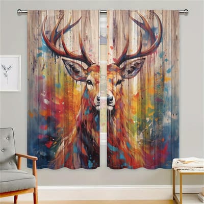 2 Stuks Herten Kunst Gordijnen Vintage Houten Planken Schilderij Woonkamer Slaapkamer Raam Decor Gordijnen 3D Digitaal Print Zonwering Gordijnen 29.5W65H(inch)x2Pcs&Rod Pocket brown