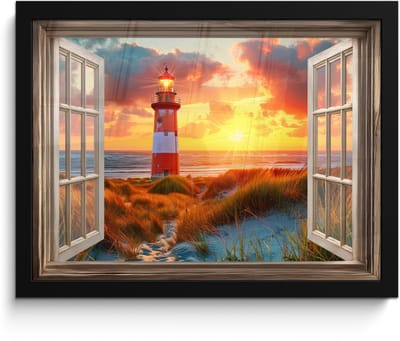 Poster in lijst - Fotolijst 40x30 cm - Posters - Doorkijk - Raam - Vuurtoren - Zonsondergang - Strand - Posterlijst zwart - Decoratie - Wanddecoratie woonkamer - Muurdecoratie slaapkamer