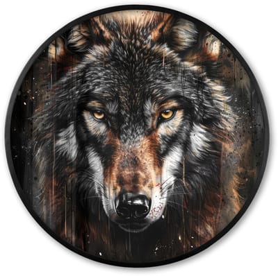 Poster in lijst Rond - Fotolijst 60x60 cm - Posters - Dieren - Wolf - Portret - Zwart - Bruin - Ronde posterlijst zwart - Decoratie - Wanddecoratie woonkamer - Muurdecoratie slaapkamer