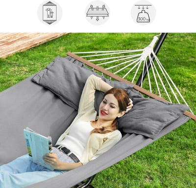 Conway Living® XXL Hangmat met karabijnhaak - Hangmat 2 Persoons - Hangmat met Spreidstok - 210 x 150 cm - Beige - Inclusief touwen - Met 2 Houten Stokken en 2 Kussens - Draagvermogen tot 300 kg