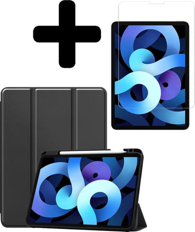 Hoesje - Geschikt voor Apple iPad Air 5 (2022) - 10.9 inch - 5e Generatie - M1 - Met Screenprotector - Trifold Bookcase Hoes - Hard Cover Case - Met Uitsparing Geschikt voor Apple Pencil - Hardcover Book - Tablethoes - Zwart