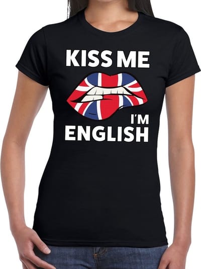 Kiss me i'm English t-shirt zwart dames - feest shirts dames XS