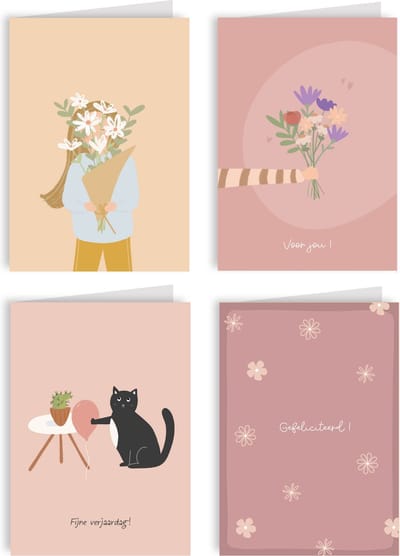 12x verjaardagskaart - hippe verjaardagskaarten - wenskaarten set met kraft enveloppen - GRATIS SLUITSTICKERS