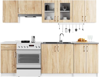 Complete Keuken, Keukenmeubelset met Verkblad LIMA 240 cm breed met Vitrinekast / Keukeneenheid zonder apparatuur / Wit – Sonoma Eik / 240 x 203 x 44,5 cm