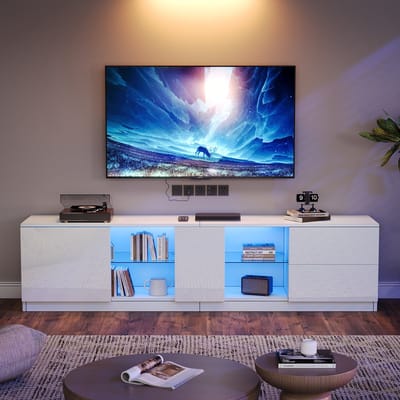 REDOM - Tv-Meubel - Hoogglans Front - Modern - Voor Woonkamer Of Slaapkamer - MDF En Gehard Glas - Wit - 160 X 40 X 52 Cm