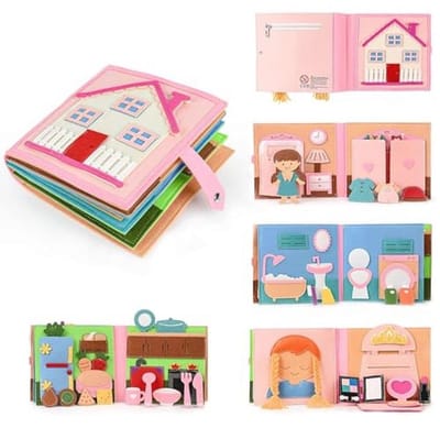 Stille Boek - Voelboek Montessori - Fijne Motoriek Leren - Zachte Vilt Stof - 21 x 20 cm - Roze