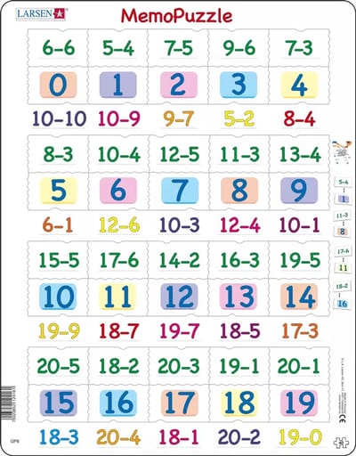 Larsen Aftrekken met getallen van 0–20 – Puzzel – Leren rekenen – Aftrekken – Educatieve legpuzzel voor kinderen – 40 stukjes – Gemaakt in Noorwegen – Extra dikke 2,5 mm stukjes – Tray met vaste rand