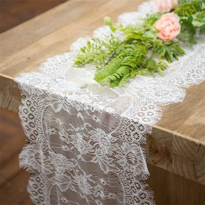tafelloper met witte kant 35 × 300 cm: vintage tafelband voor bruiloft, tafeldecoratie met macramé borduurwerk en bloemen