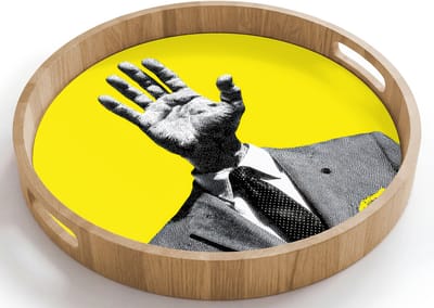 Dienblad rond 40x40 cm - Schootdienblad hout - Pak - Hand - Geel - Borrelplank rechthoek - Plateau houten dienbladen