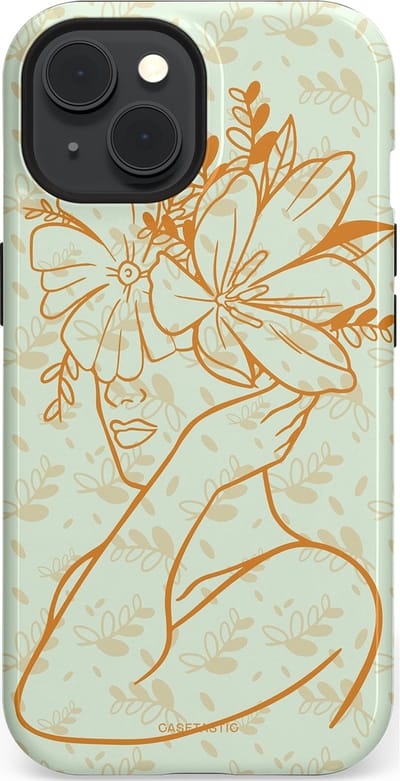 Casetastic hoesje geschikt voor Apple iPhone 15 - MagSafe - Dubbellaagse bescherming - Minimal Bloom - Fashion Case - Crème Lichtgrijs
